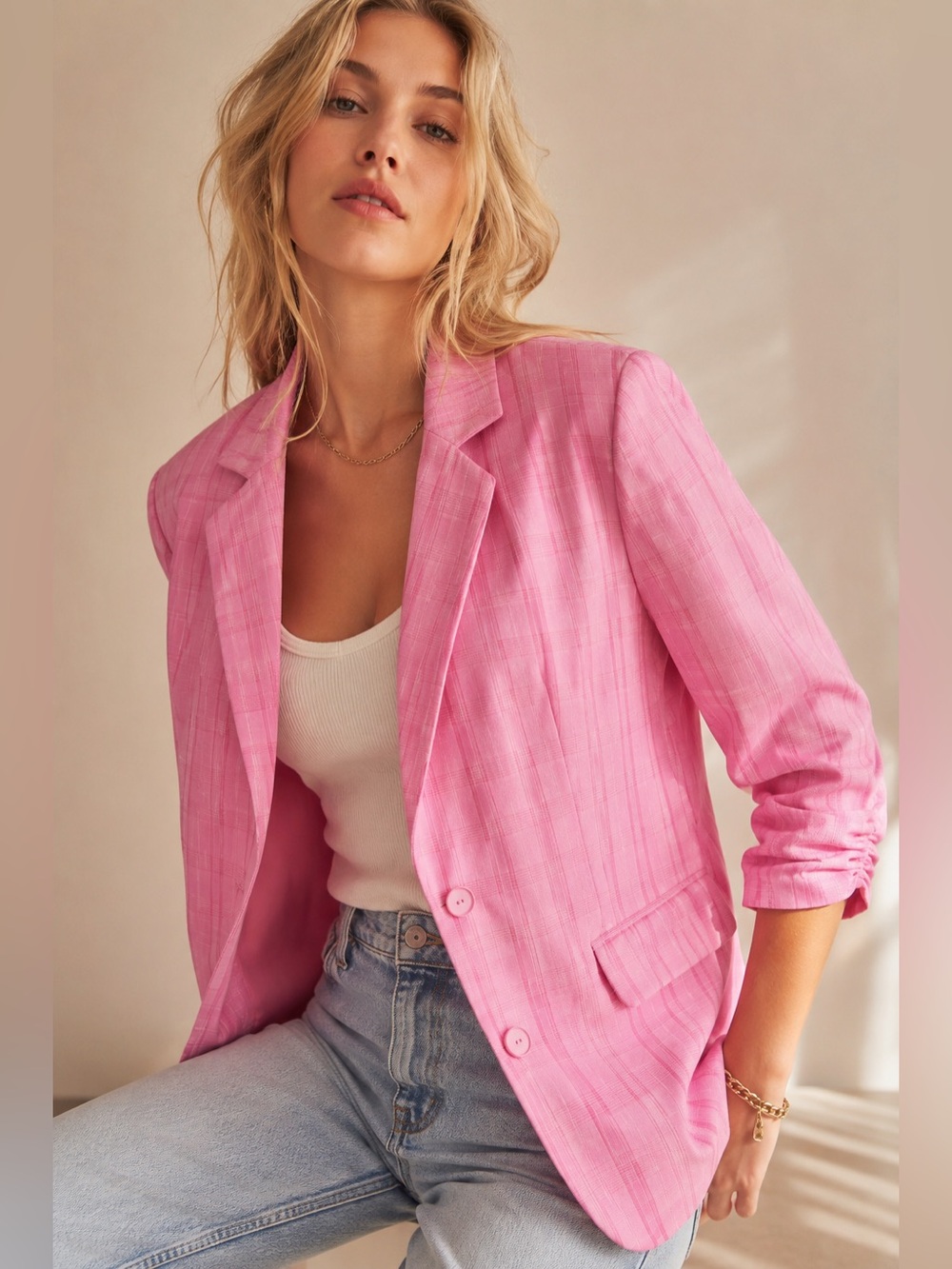 VILA VIFLIPPO Peony Pink Plaid Tailored Blazer Size 6 Preppy NWT